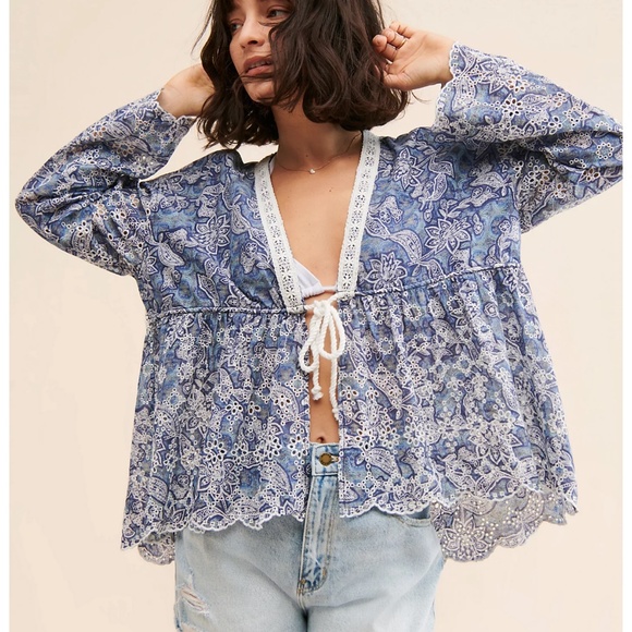 Free People Anissa Bed Jacket in Blue Combo sz small NWT - Picture 1 of 4